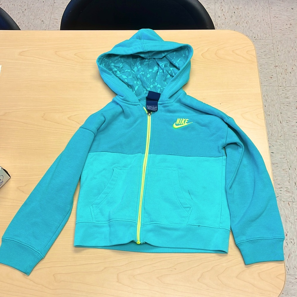 Used NIKE  mint/teal hooded sweatshirt, yellow swoosh/zipper, some marks